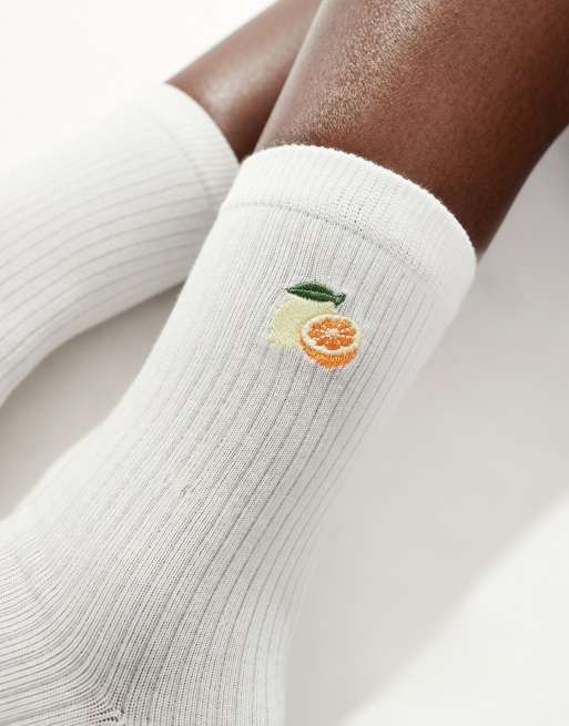& Other Stories ankle socks in white with embroidered fruit detail, 3 of 4