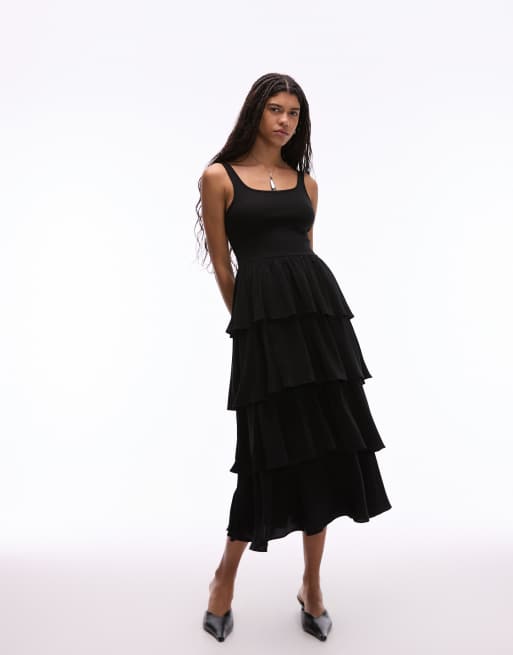 & Other Stories – Ärmelloses, geripptes Midaxikleid aus Jersey und Webstoff in Schwarz mit fließenden Rüschen, 3 von 4