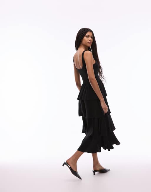 & Other Stories – Ärmelloses, geripptes Midaxikleid aus Jersey und Webstoff in Schwarz mit fließenden Rüschen, 4 von 4
