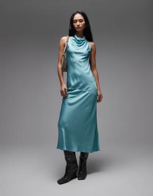 & Other Stories - Ärmelloses, hochgeschlossenes Maxikleid aus Satin in hellem Türkis-Blau