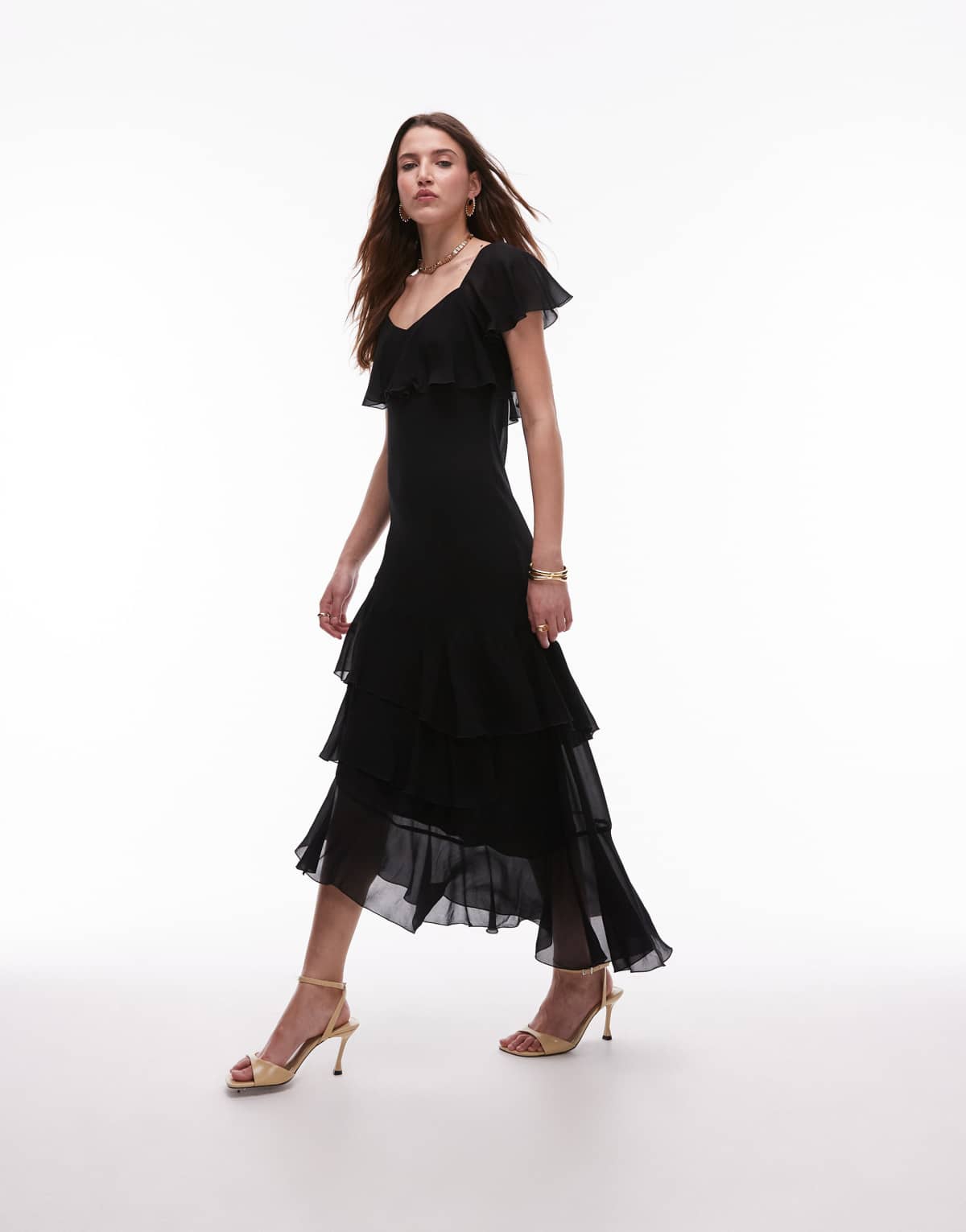 & Other Stories asymmetric midaxi dress with tiered ruffles in black