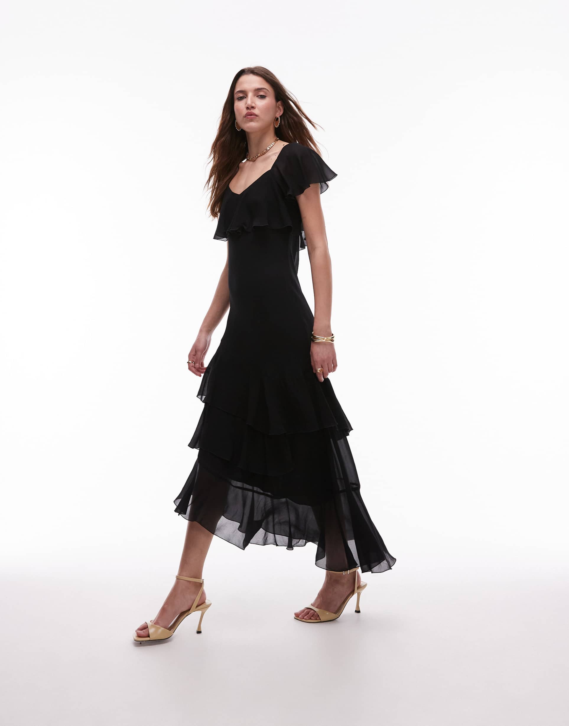 & other stories asymmetric midaxi dress with tiered ruffles in black