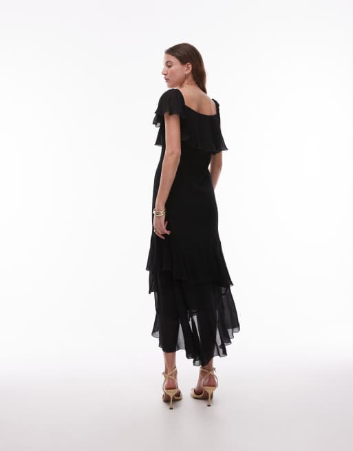 & Other Stories asymmetric midaxi dress with tiered ruffles in black