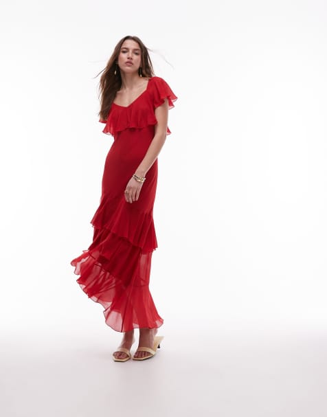 & Other Stories asymmetric midaxi dress with tiered ruffles in red - view 1