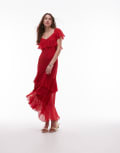 [Other Stories] & Other Stories asymmetric midaxi dress with tiered ruffles in red 38 RED