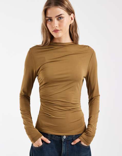 & Other Stories asymmetric ruched long sleeve jersey top in brown