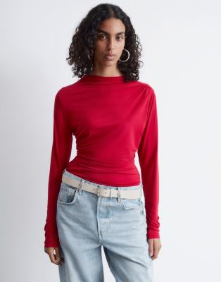 & Other Stories Asymmetric Ruched Long Sleeve Jersey Top In Red