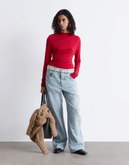 & Other Stories asymmetric ruched long sleeve jersey top in burgundy, 3 of 4