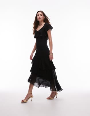 & Other Stories - Asymmetrisches Midaxikleid in Schwarz mit gestuften Rüschen