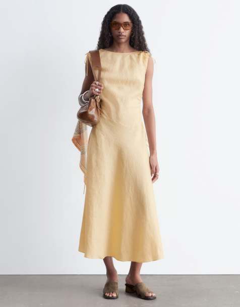 & Other Stories asymmetrisches Midikleid aus Leinen in Hellgelb - view 1