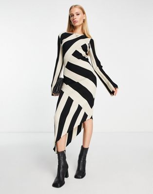 & Other Stories knitted asymmetric midi dress in  black and white stripe - ASOS Price Checker