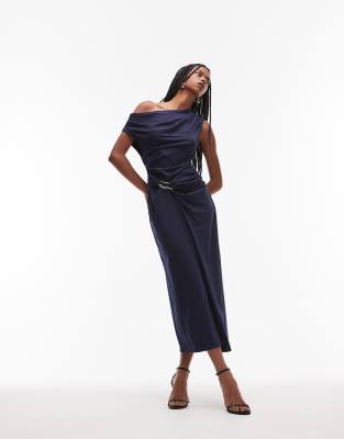 & Other Stories - Asymmetrisches, schulterfreies Wickel-Midikleid in Blau aus Jersey mit Drapierung und Spange