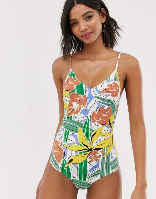 Other Stories Badeanzug Mit Tiefem Ruckenausschnitt Mit Details Und Tropen Print Asos