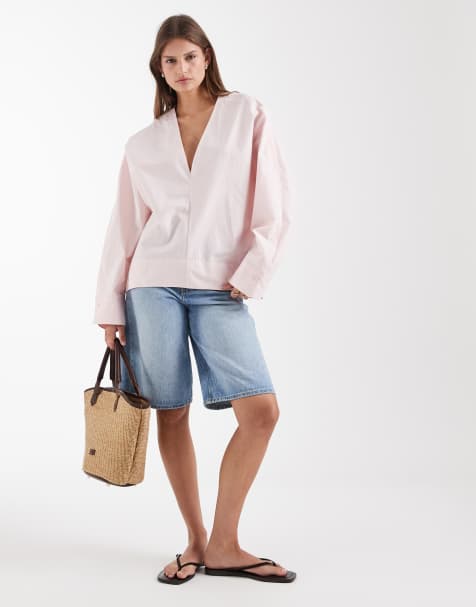 & Other Stories – Ballonförmige Bluse aus reiner Baumwoll-Popeline in Rosa mit V-Ausschnitt - view 1
