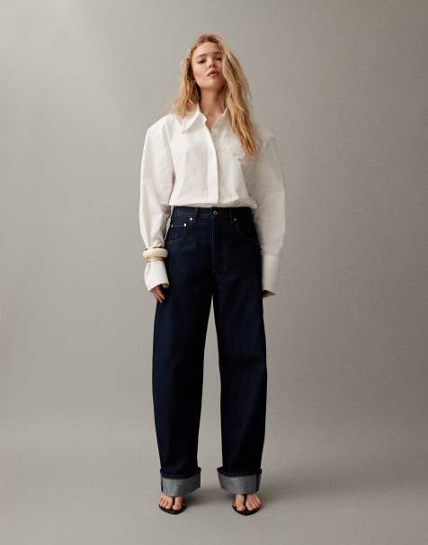 & Other Stories balloon fit jeans with turn up hem in dark blue wash 