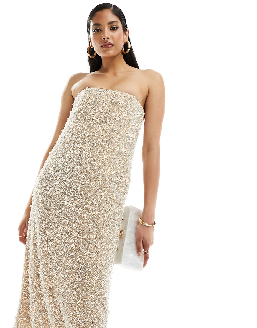 & Other Stories bandeau midi dress with sequin and faux pearl embellishment in champagne-White