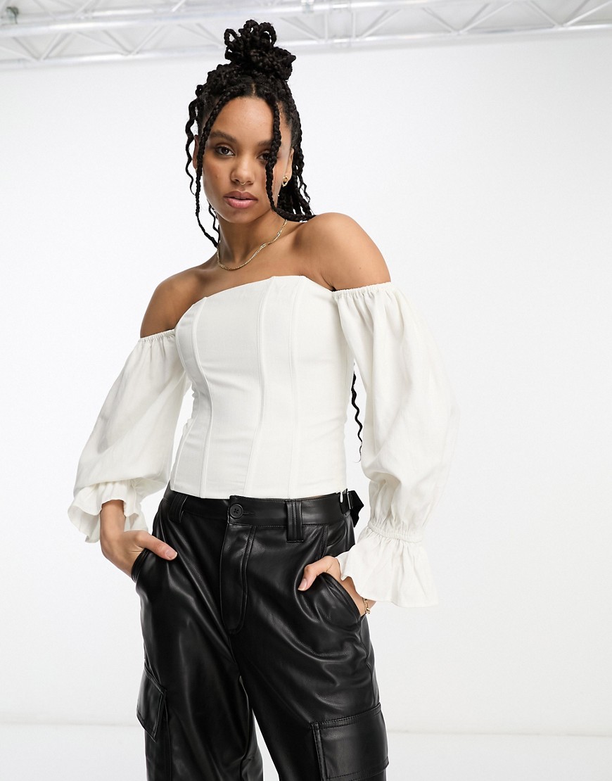 & Other Stories bardot top with gathered sleeves in white