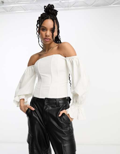 Other Stories bardot top with gathered sleeves in white ASOS