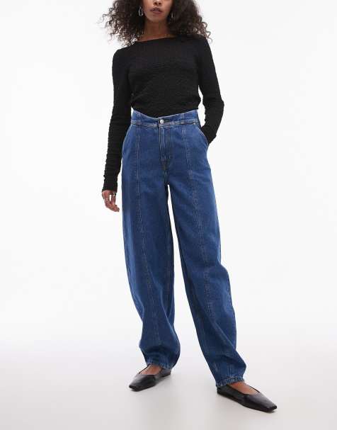 & Other Stories barrel leg jeans with front seam and corset wait seam detail in clean blue wash - view 1