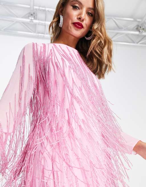 Other Stories beaded fringe midi dress in pink