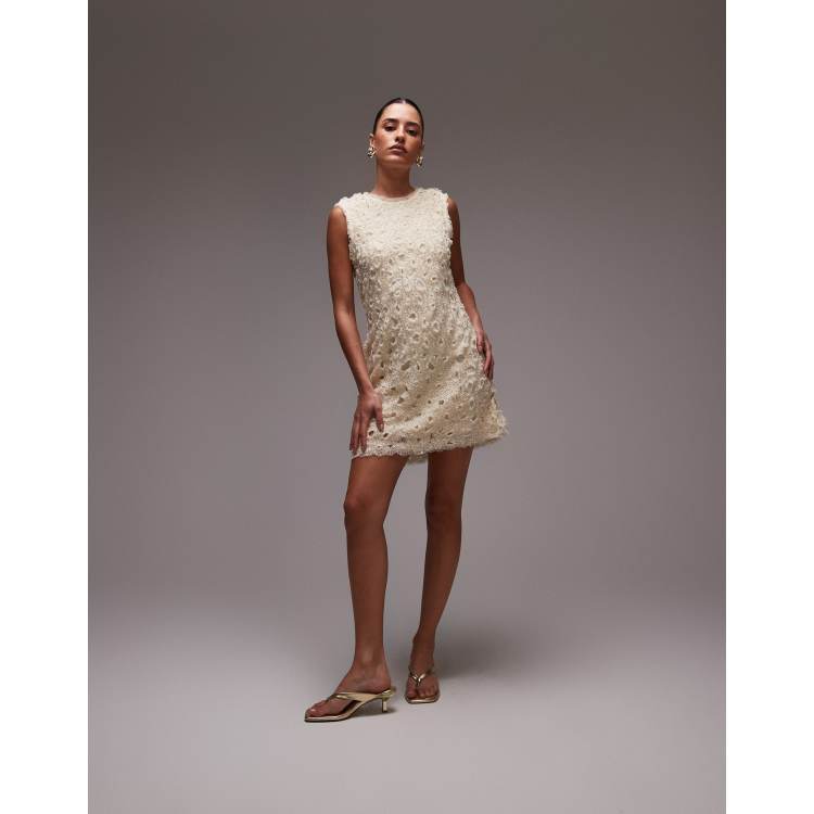 & Other Stories beaded tulle mini dress with cut work detail in cream | ASOS