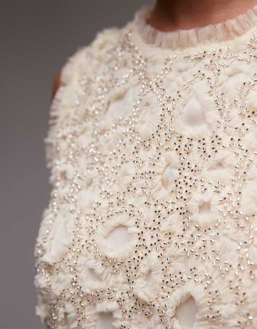 & Other Stories beaded tulle mini dress with cut work detail in cream, 3 of 4