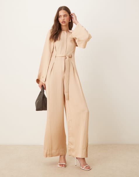 & Other Stories - Beige jumpsuit med ærmer med slidser og halv bæltedetalje - view 1