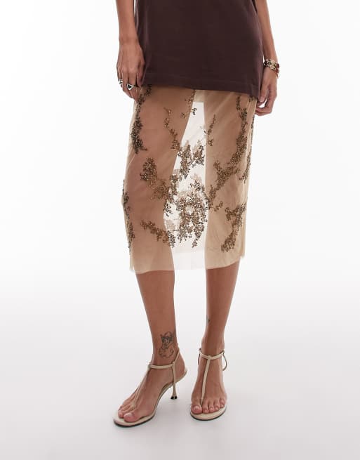 & Other Stories – Beige kjol i skir mesh med broderi, pärlor och paljetter, 2 av 5