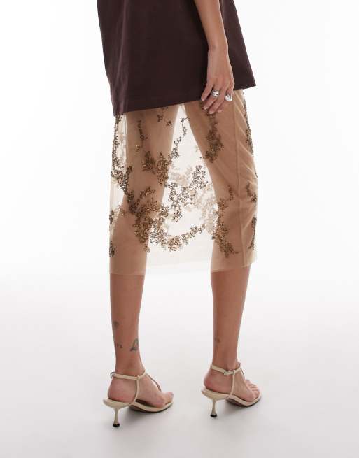 & Other Stories – Beige kjol i skir mesh med broderi, pärlor och paljetter, 4 av 5