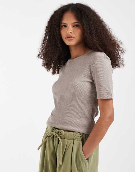 & Other Stories - Beige ribstrikket T-shirt i Slim Fit, 4 af 4