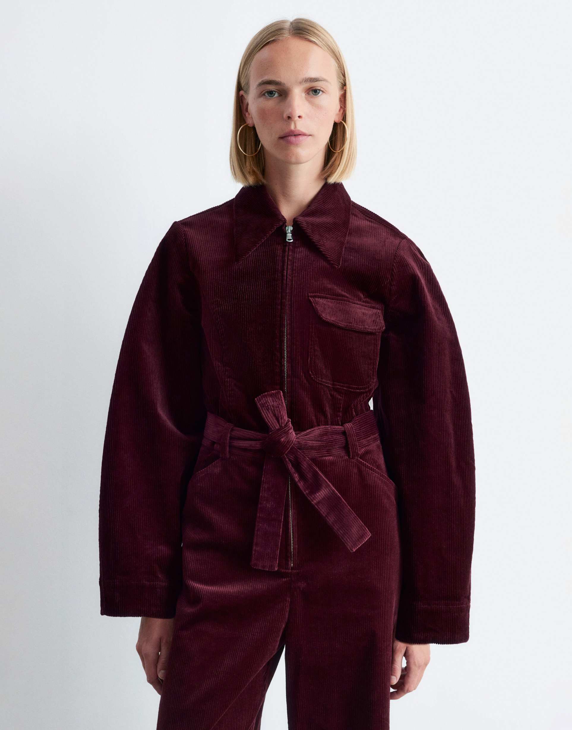 & other stories belted corduroy jumpsuit in burgundy