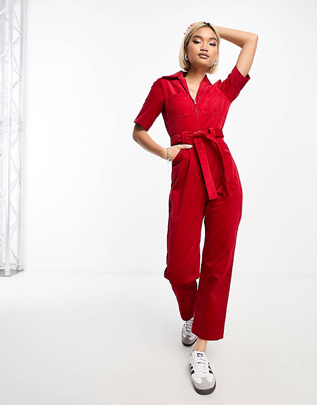 & Other Stories - belted corduroy jumpsuit in red