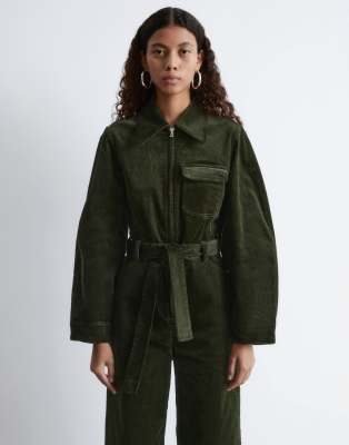 & Other Stories Belted Corduroy Jumpsuit With Volume Sleeves In Green