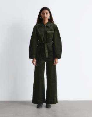 & Other Stories Belted Corduroy Jumpsuit With Volume Sleeves In Green