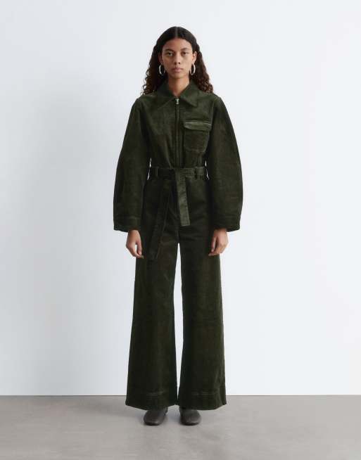 & Other Stories belted corduroy jumpsuit with  volume sleeves in dark green, 2 of 4