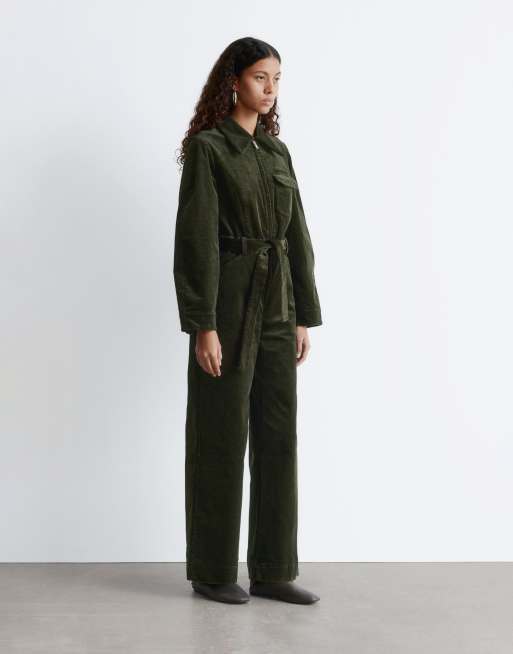 & Other Stories belted corduroy jumpsuit with  volume sleeves in dark green, 3 of 4