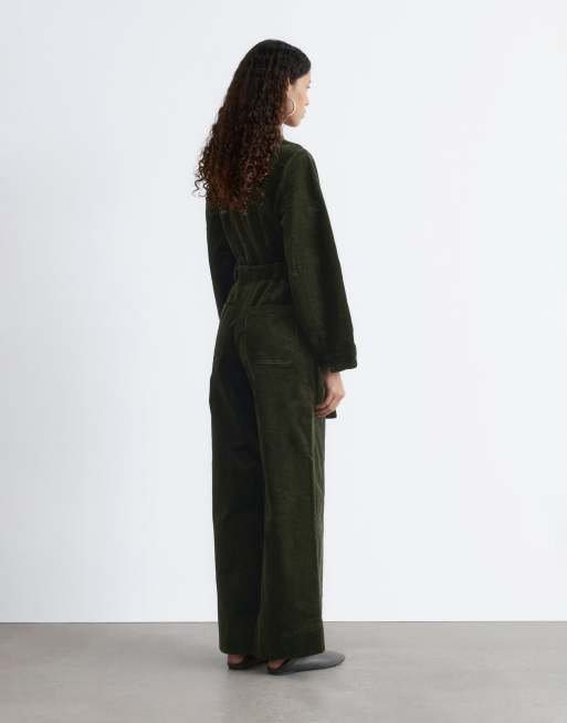 & Other Stories belted corduroy jumpsuit with  volume sleeves in dark green, 4 of 4