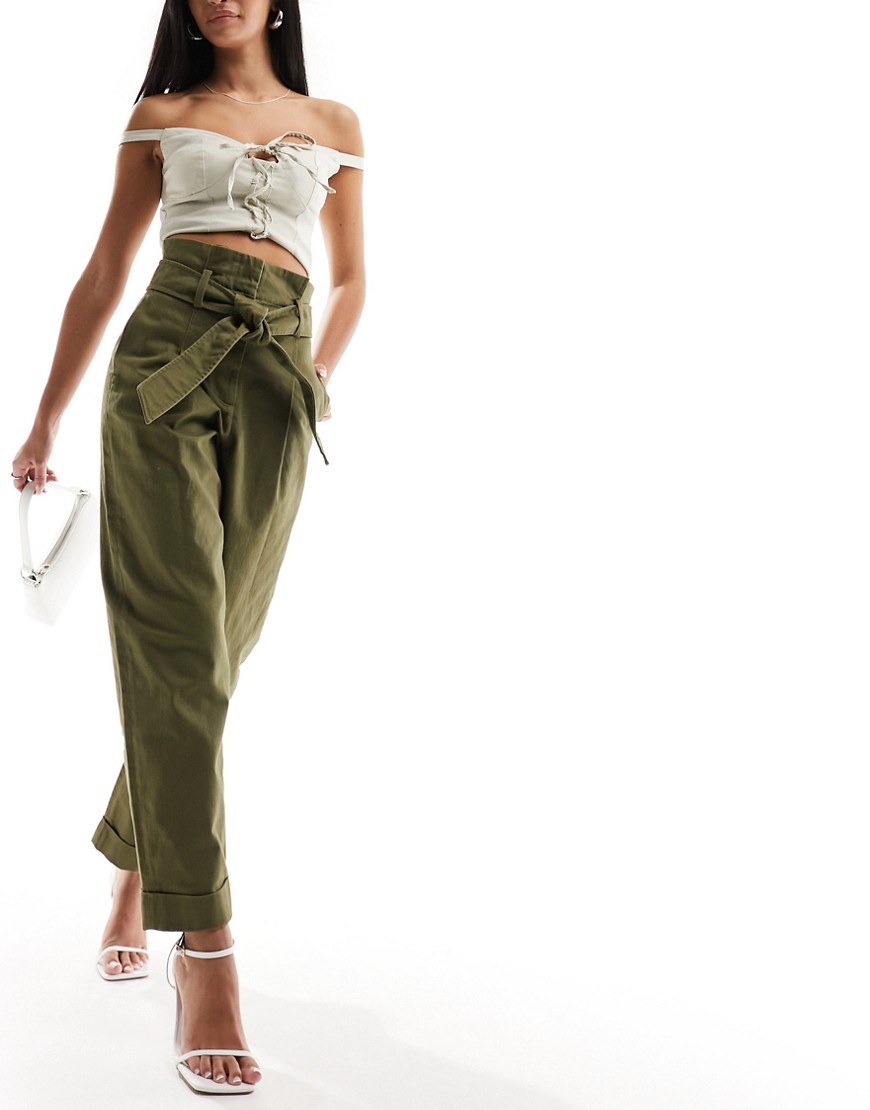 & Other Stories belted high waist straight leg trousers in dark khaki-Green