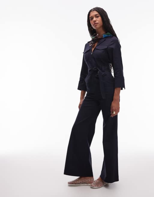 & Other Stories belted jumpsuit with patch pockets in navy blue
