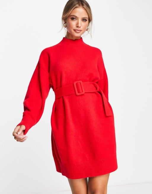 open lace back dress Red Roll Neck Chunky Knit Jumper Dress main image 0