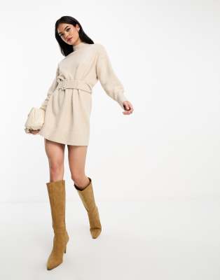 & Other Stories belted knitted dress in light beige-Neutral