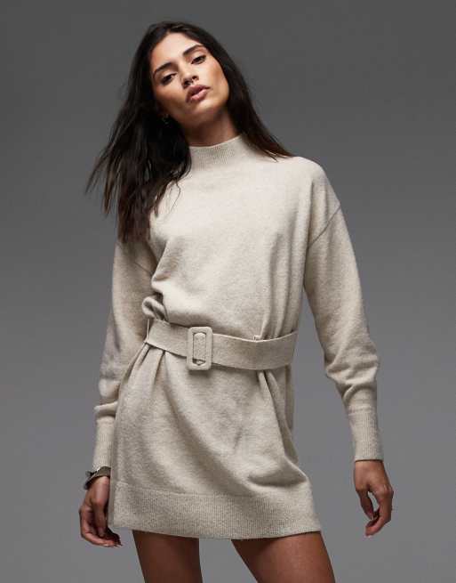 & Other Stories belted knitted dress in light beige