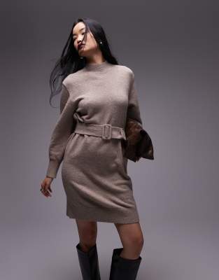 & Other Stories belted knitted mini dress in mole-Neutral