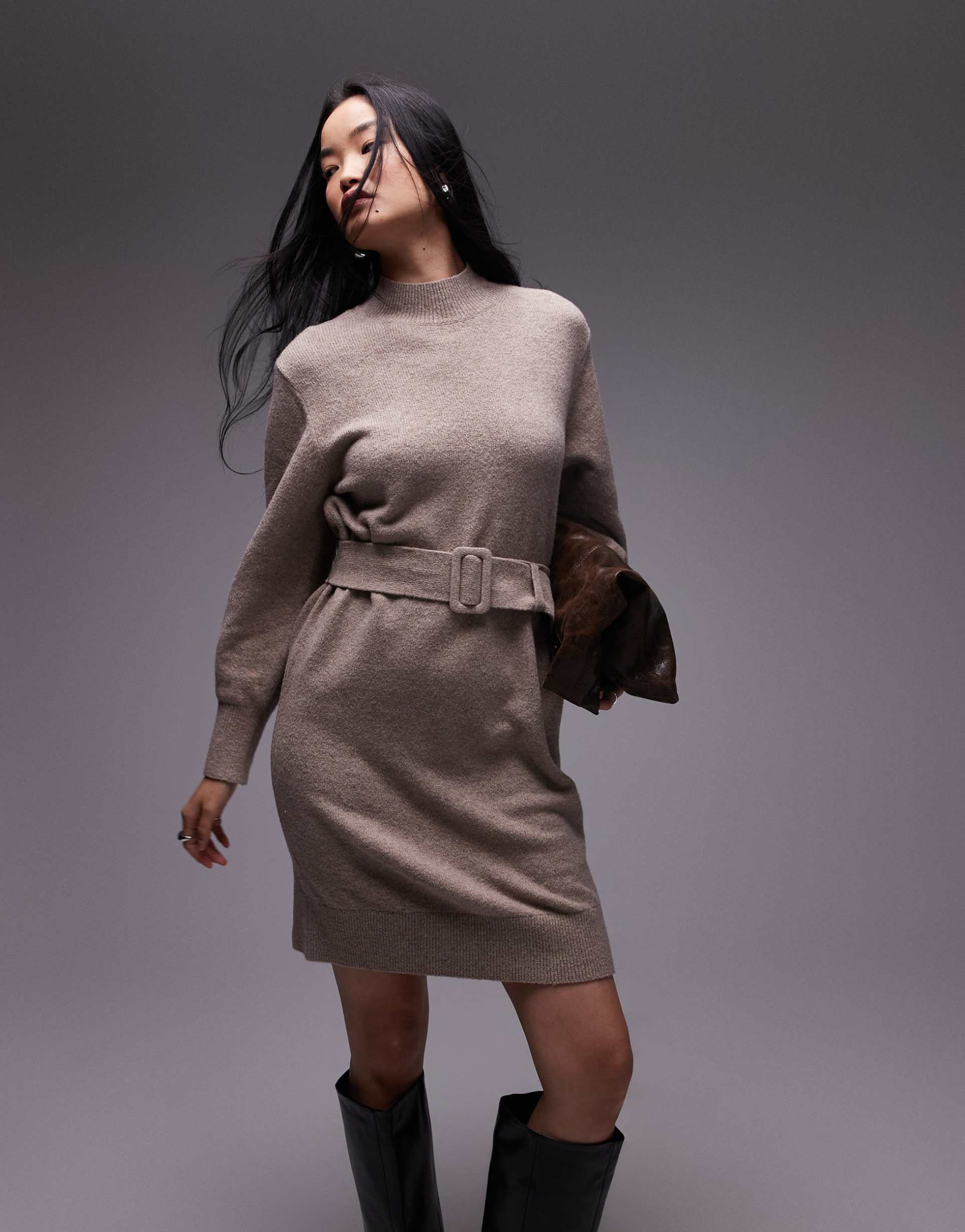 & other stories belted knitted mini dress in mole