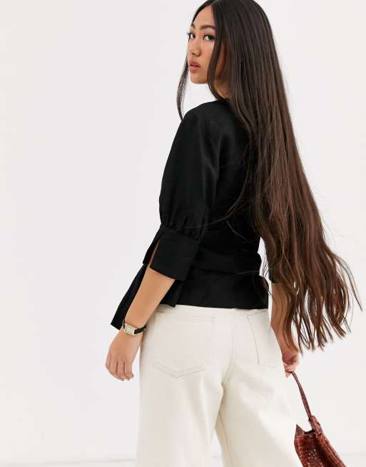 & Other Stories belted linen blend blouse in black