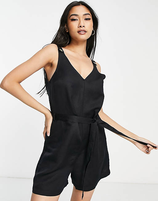 & Other Stories belted linen playsuit in black