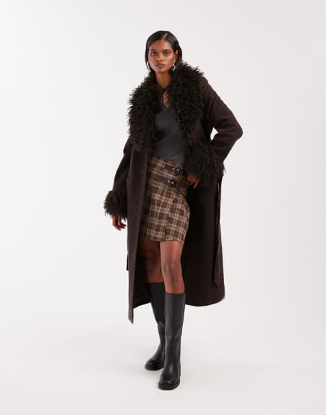 & Other Stories belted midaxi coat in brown with faux fur trim - view 1