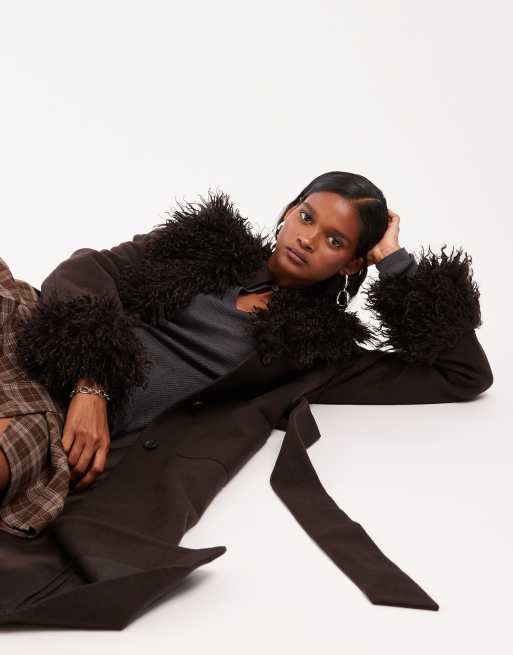 & Other Stories belted midaxi coat in brown with faux fur trim, 2 of 4