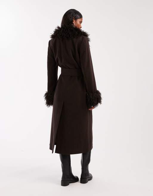 & Other Stories belted midaxi coat in brown with faux fur trim, 3 of 4