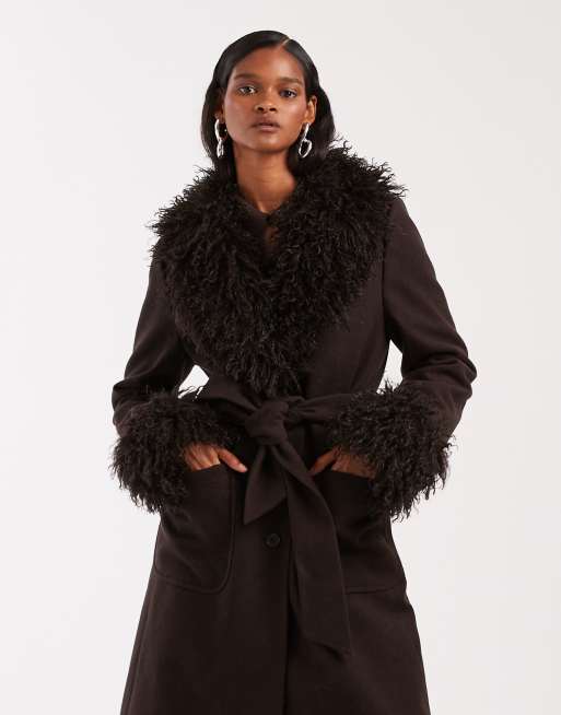 & Other Stories belted midaxi coat in brown with faux fur trim, 4 of 4